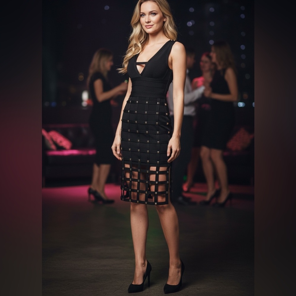 Bebe Black Geometric Cut-Out Midi Dress Size S